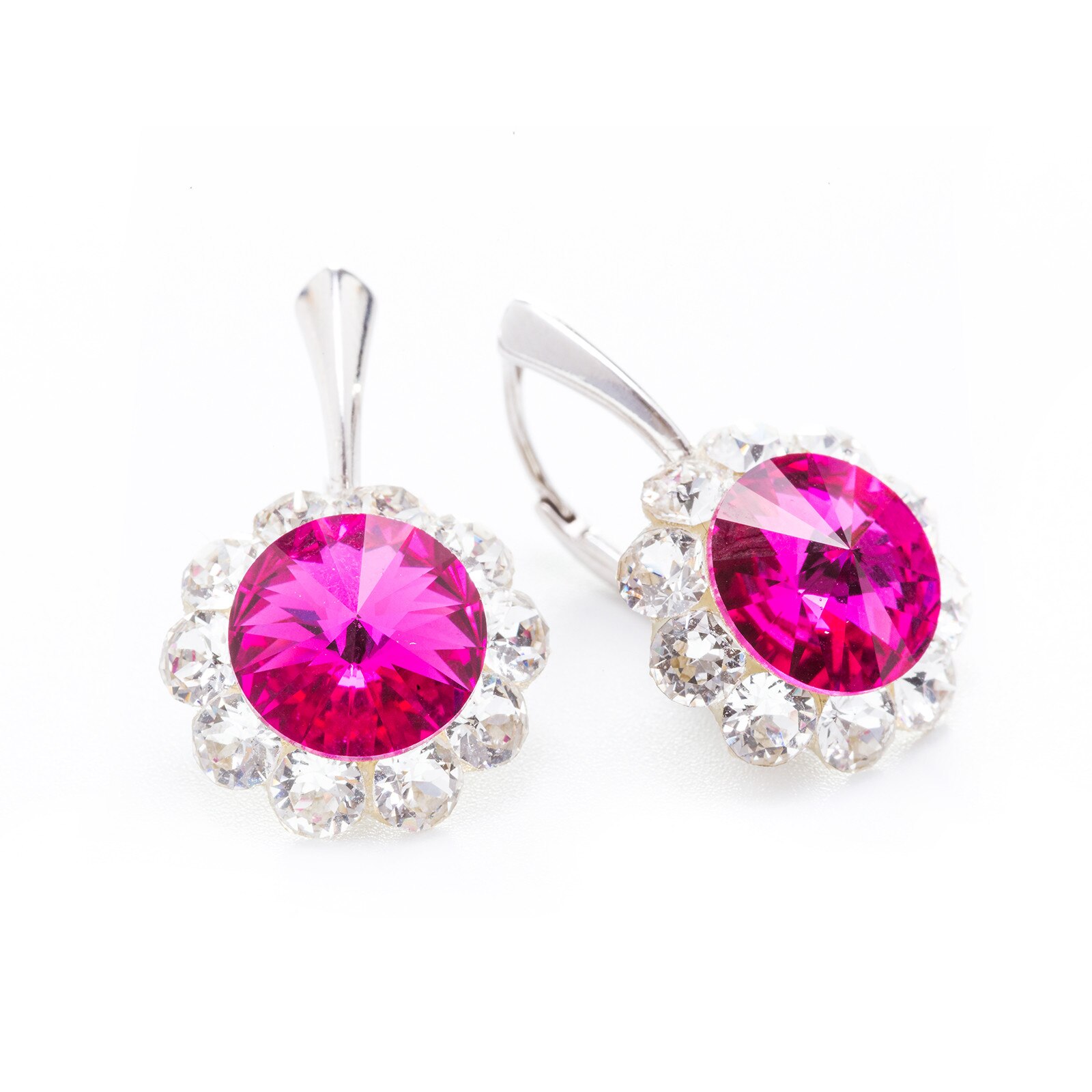 Cercei Argint DaviCrystals cu cristale floarea soarelui cu leverback mare fuchsia
