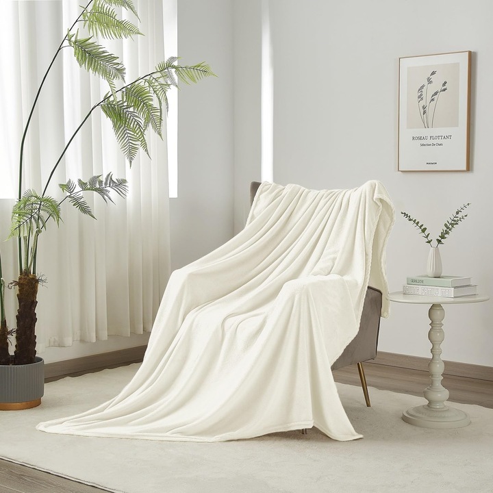 Patură Luofanfei, Cocolino, 150x200cm, alb, design cu dungi 3D, microfibră de poliester