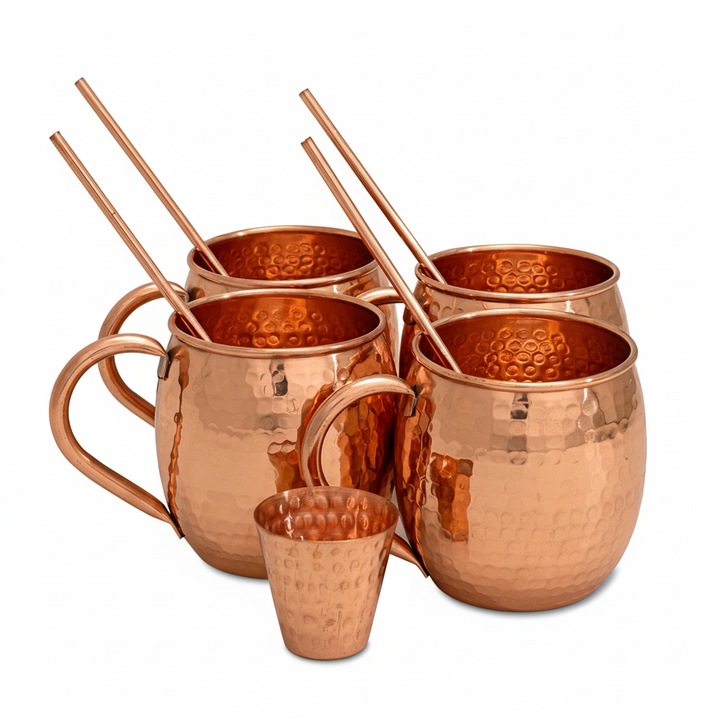 Set 4 Cani din Cupru pentru Hidratare si Sanatate, 475 ml, cu 4 Paie si Pahar incluse, Beneficii Ayurvedice, Design Elegant, Cupru Pur
