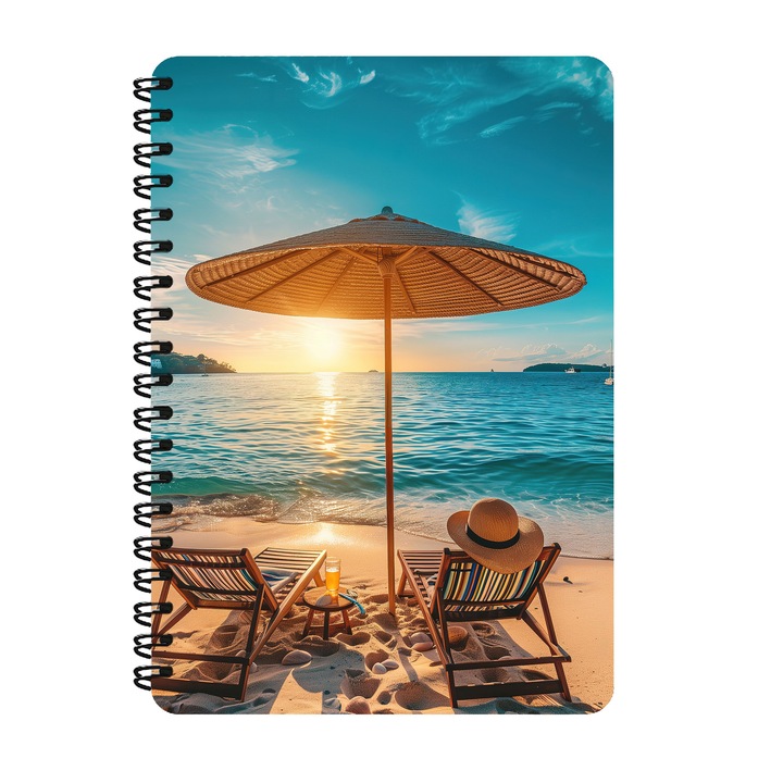 Agenda A5, Plaja, Vara, Mare, Coperta Mdf, Spira Metalica, 130 Pagini