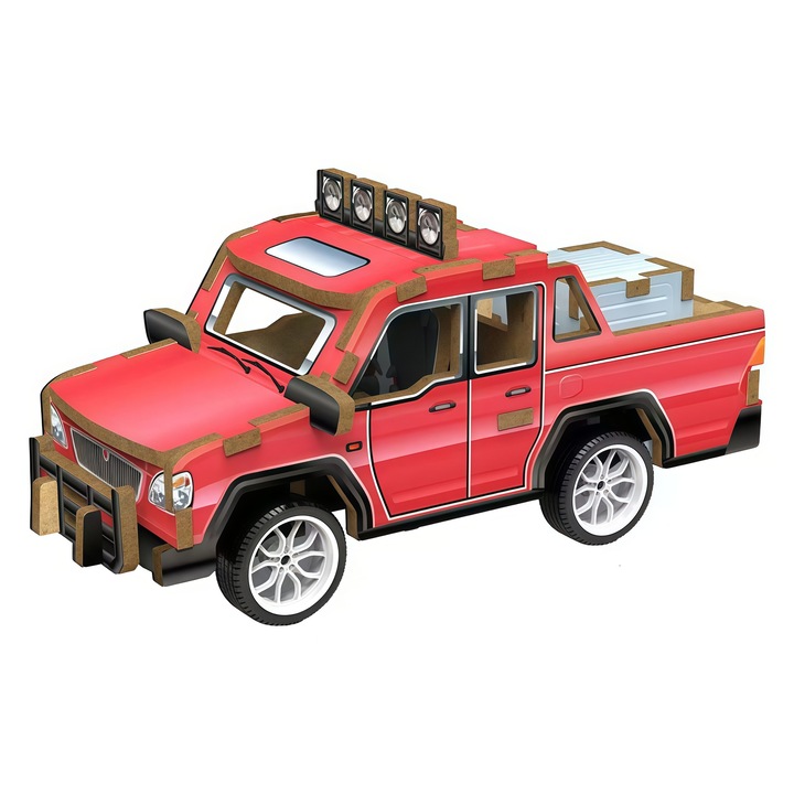 Omelivon® 3D fa puzzle gyerekeknek, könnyen összeszerelhető, inerciás mozgással, oktató és szórakoztató játék, tökéletes ajándék – 26 darab, kisteherautó modell, piros