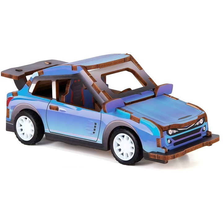 Omelivon® Fa 3D Puzzle Gyerekeknek, Könnyen Összeszerelhető, Tehetetlenségi Mozgással, Oktató és Szórakoztató Játék, Tökéletes Ajándék – 22 Darab, Sportautó Modell, Kék