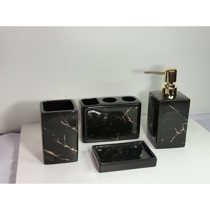 Set elegant de accesorii de baie din ceramica, 4 componente, Model B, Negru
