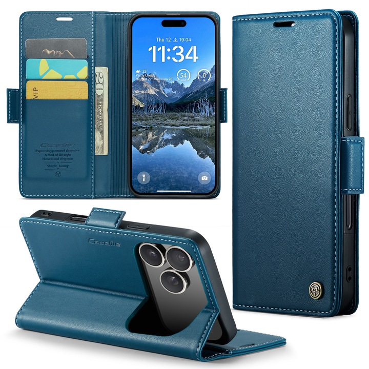 Калъф за iPhone 17 Pro, CaseMe, slim кожен, тип портфейл, стойка, магнитно предпазно закопчване, мека текстура и захващане в ръката, RFID защита, Син