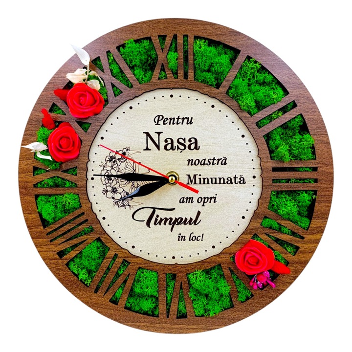 Ceas de perete decorat cu licheni, personalizat cu mesaj pentru Nasa 30cm, nuc