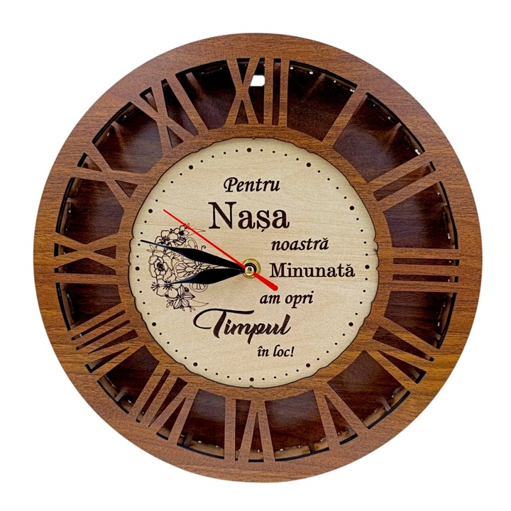 Ceas de perete, cadou personalizat cu mesaj pentru Nasa, 40cm, nuc