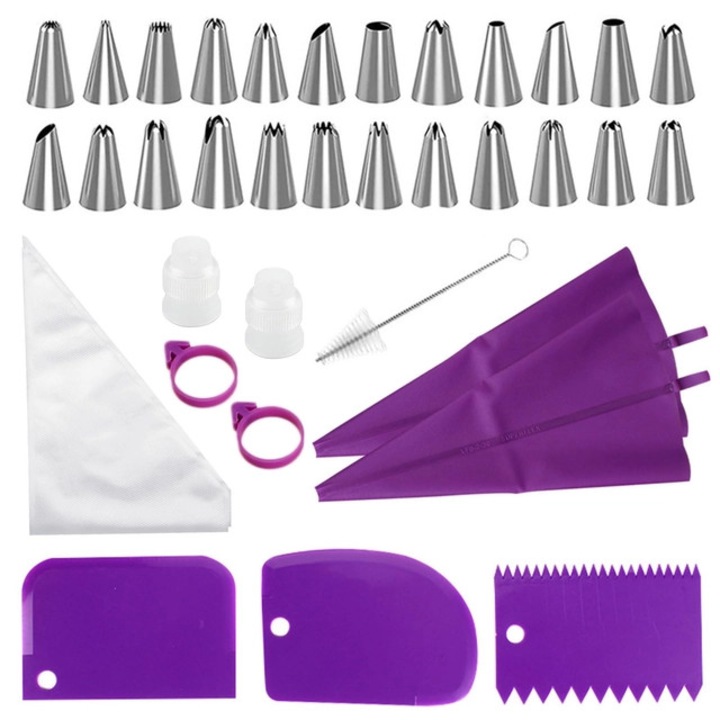 Set 34 aceesorii pentru ornat tort, argintiu/mov