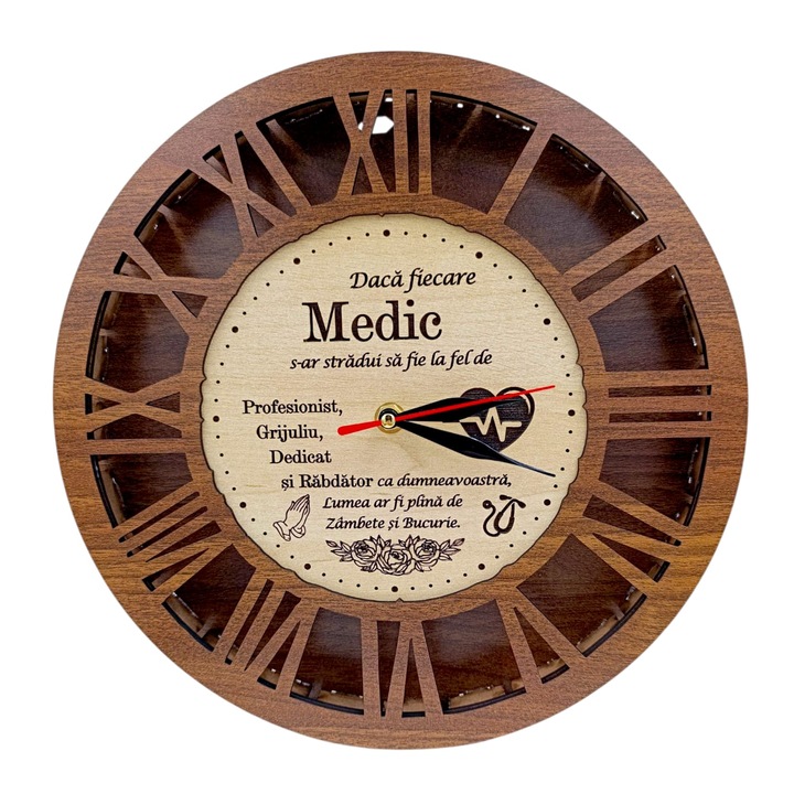 Ceas de perete, cadou personalizat cu mesaj pentru Medic, 40cm, nuc