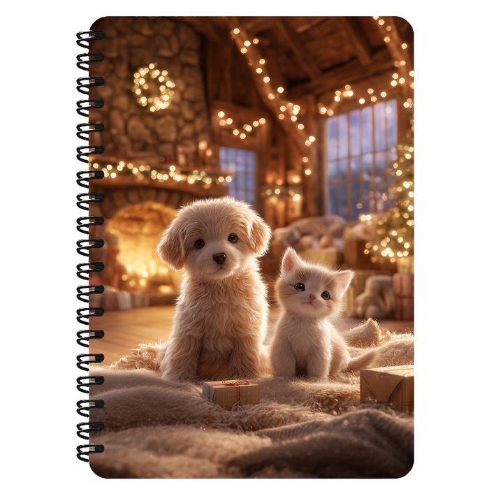Agenda A5, Caine Si Pisica, Craciun, Coperta Mdf, Spira Metalica, 130 Pagini