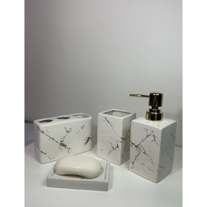 Set elegant de accesorii de baie din ceramica, 4 componente, Model B, Alb