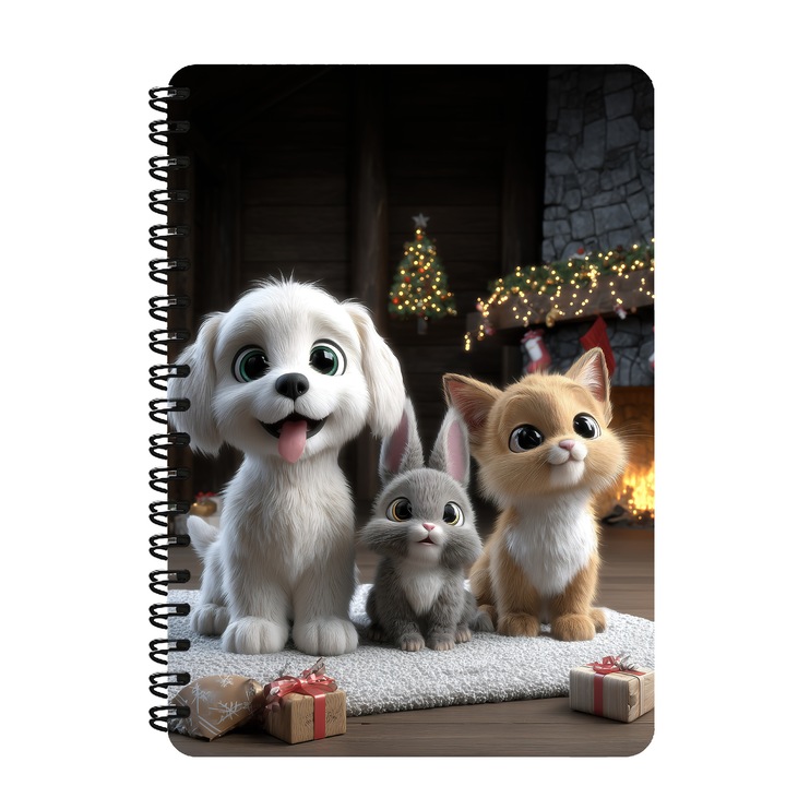 Agenda A5, Animalute, Caine, Pisica Si Iepuras, Craciun, Cadouri, Coperta Mdf, Spira Metalica, 130 Pagini