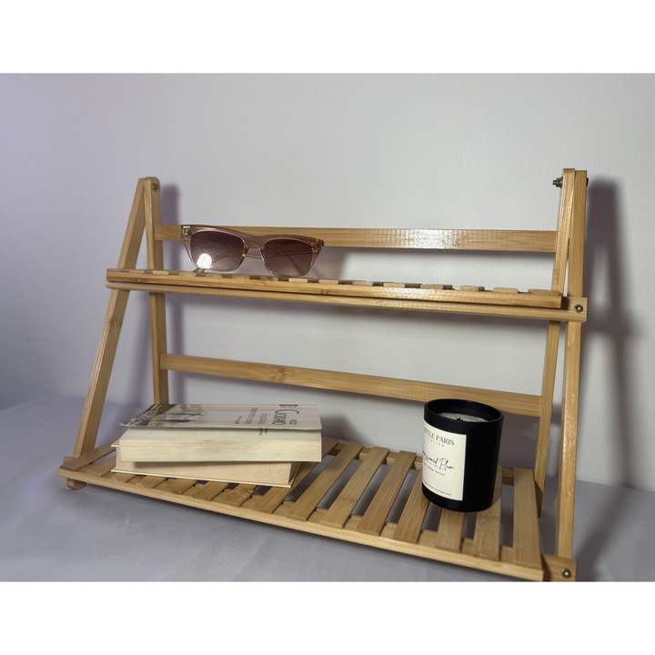 Organizator de birou din bambus cu 2 polite, 50cm x 18cm x 35cm