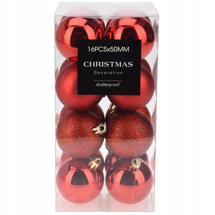Set globuri de Craciun Koopman, 16 buc, rosii, diverse finisaje, 5cm