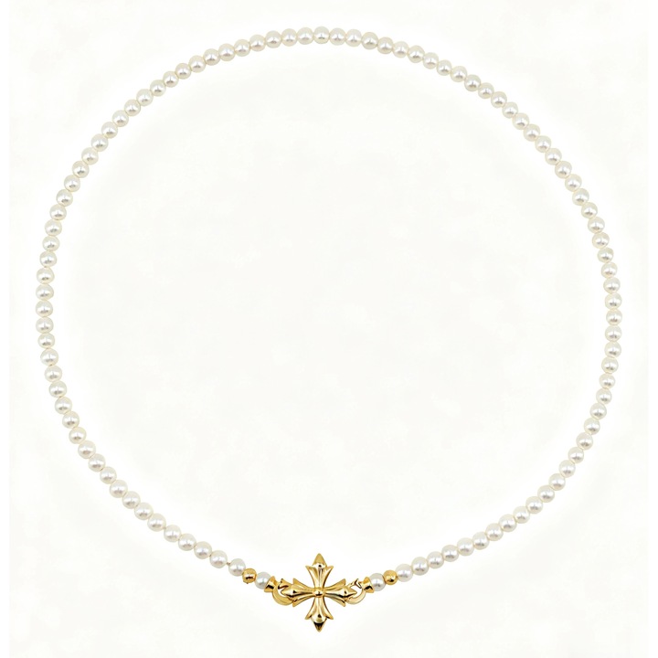 Елегантна дамска огърлица, Бял/Бежови Перли (Имитация на Перли), с Висулка Кръст, Покрита с 14K Злато, Сватбено и Религиозно Бижу