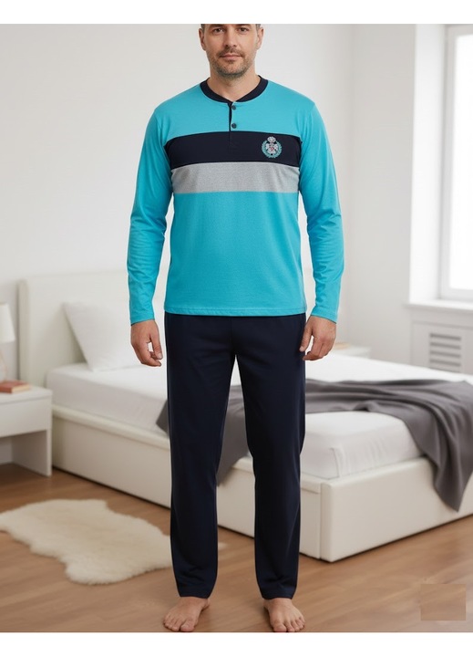 Hosszú pamut férfi pizsama, kék felső, fekete nadrág 12266, Fekete