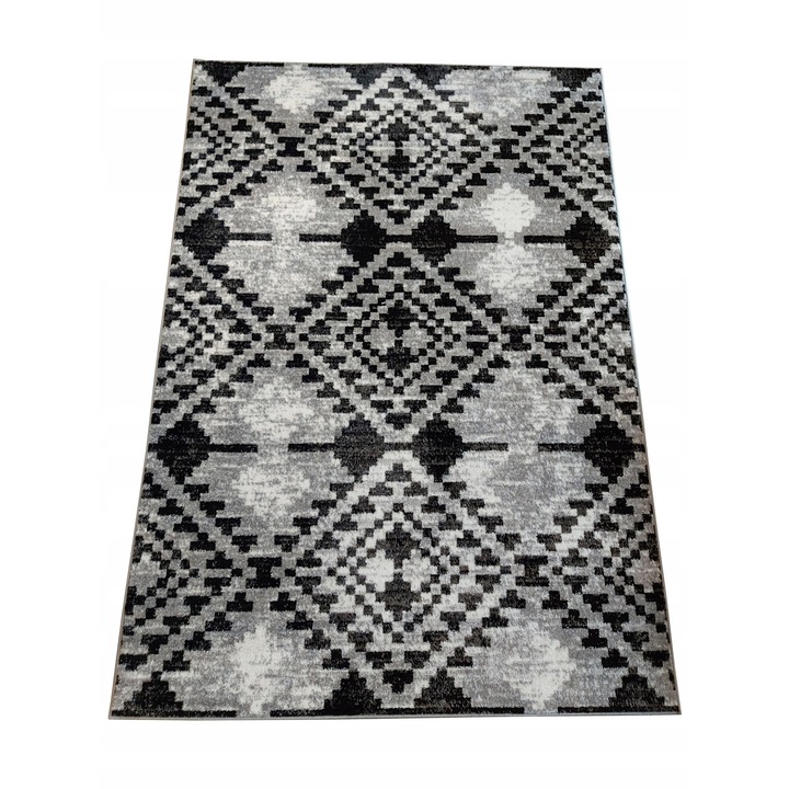 Covor pentru living 200x300 cm, polipropilenă cu fir scurt, stil folcloric, calitate superioară, compatibil cu încălzire prin pardoseală, densitate 1650 g/m², OEKO-TEX 100, gri și negru