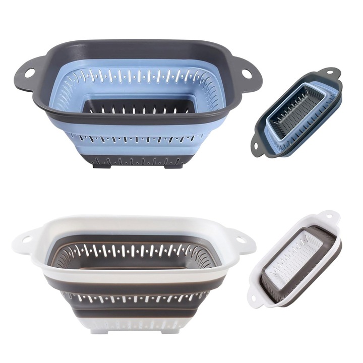 Set 2 strecuratori pliabile din silicon alimentar, YYHengCMU, material siliconic, rezistent la uzura/durabil, pliabil, pentru spalarea legumelor in bucatarie, Cos pliabil pentru spalat legume, 2.1 l, 27,5 x 22 x 11 cm, alb /albastru