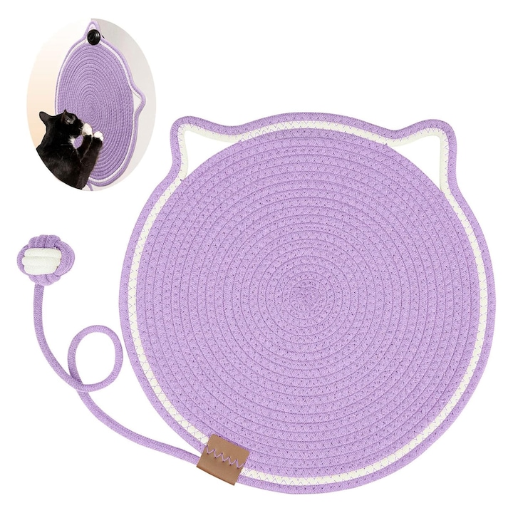 Pad pentru zgariat pisici, YYHengCMU Pad pentru zgariat pisici + minge pentru pisici, material din franghie de bumbac, zgariat/dormit/joaca, poate fi agatat, diametru 42 cm, Violet