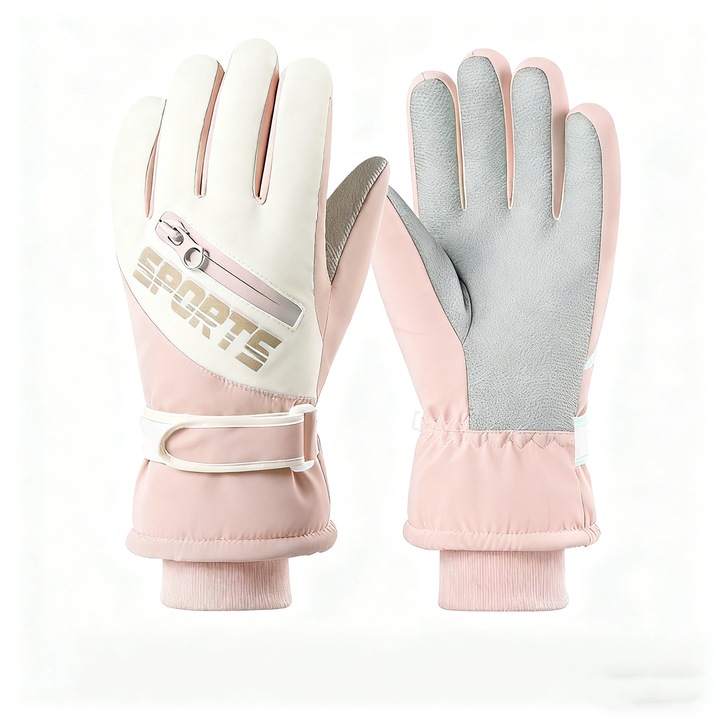 Manusi de iarna pentru femei, manusi de schi pentru sporturi de iarna YYHengCMU, impermeabile si rezistente la vant, calde si antiderapante, cu ajustare reglabila, compatibile cu ecranul tactil, 28 x 12,5 x 6 cm, roz si alb