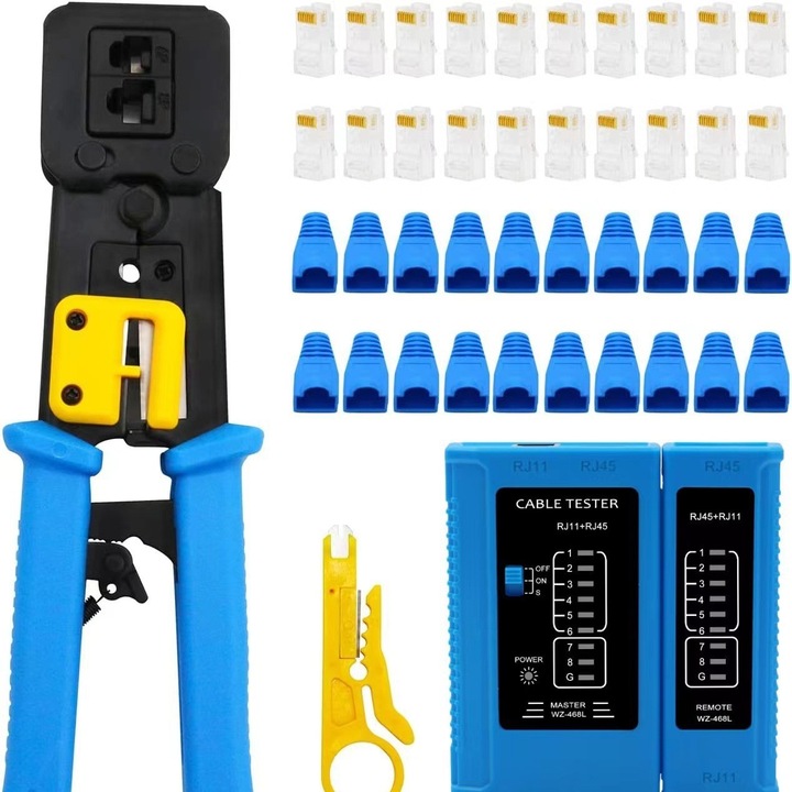 Cleste profesional XGETOP pentru sertizare mufe, taiat/dezizolat cablu, set cu 20 conectori RJ45, galben