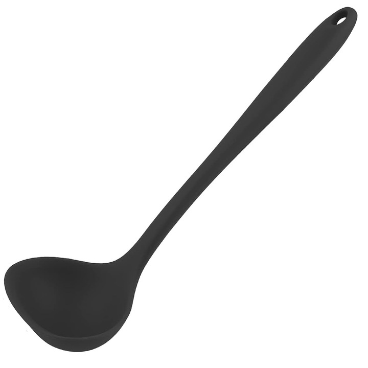 Lingura de supa din silicon cu maner lung, antiaderenta, rezistenta la caldura, antiderapanta, 28.8cmx8.5cm, neagra