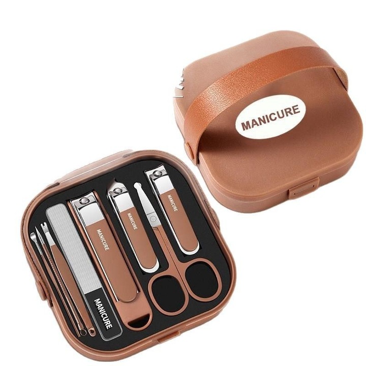 Set trusa manichiura si pedichiura, 8 piese, design cu capete duale, extractor comedone, culoare maro inchis