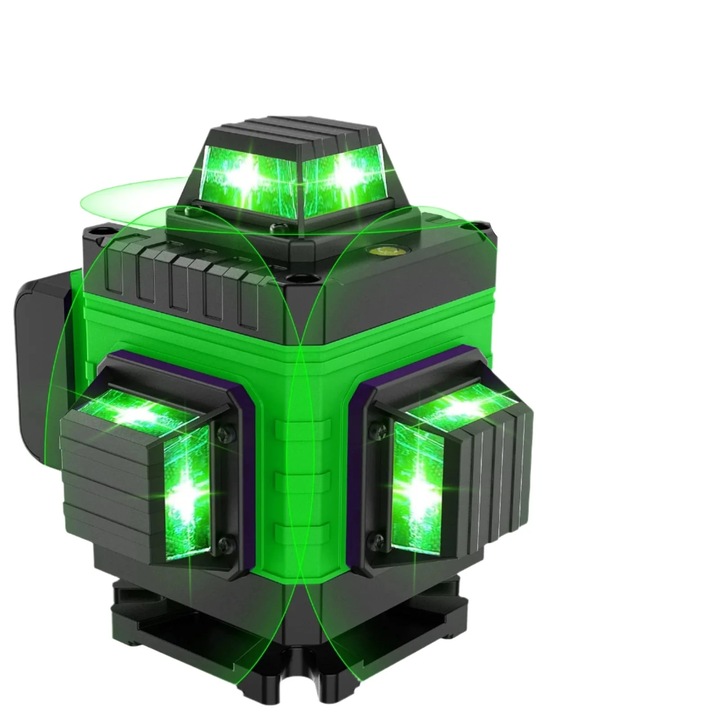 Професионален 4D лазерен нивелир с 16 линии, 360° автоматични хоризонтални и вертикални електрически линии, дисплей за мощност, зелен лъч, жълт