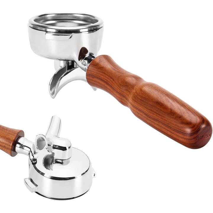 Portafiltru espresso 58 mm compatibil cu Nuova Simonelli, dublu orificiu de scurgere cu 2 orificii, cu cap si cos de filtru din otel inoxidabil si maner din lemn