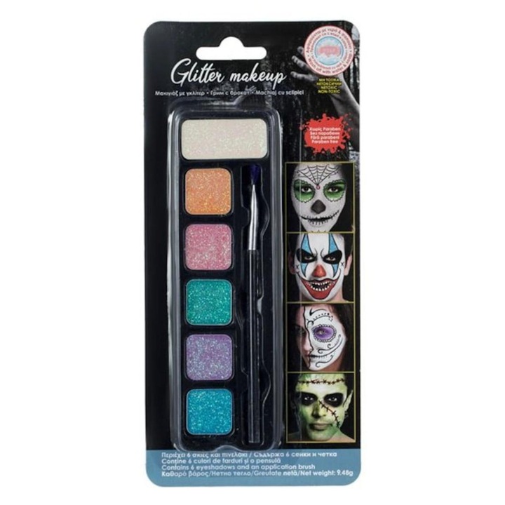 Палитра за Хелоуин с 6 цвята, брокат и четка, нетоксична, приложима за кожа за професионален грим