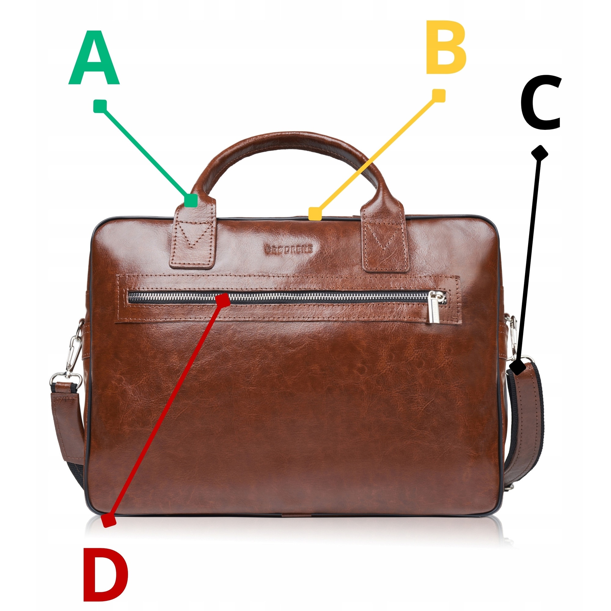 Geanta barbateasca din piele, Brodrene, r05, maro, pentru laptop de 15,6 inch, 3 buzunare, curea de umar reglabila, picioare metalice, finisaj elegant, material: piele naturala, dimensiuni: 29 cm inaltime, 40 cm latime, 9 cm adancime, culoare interior: