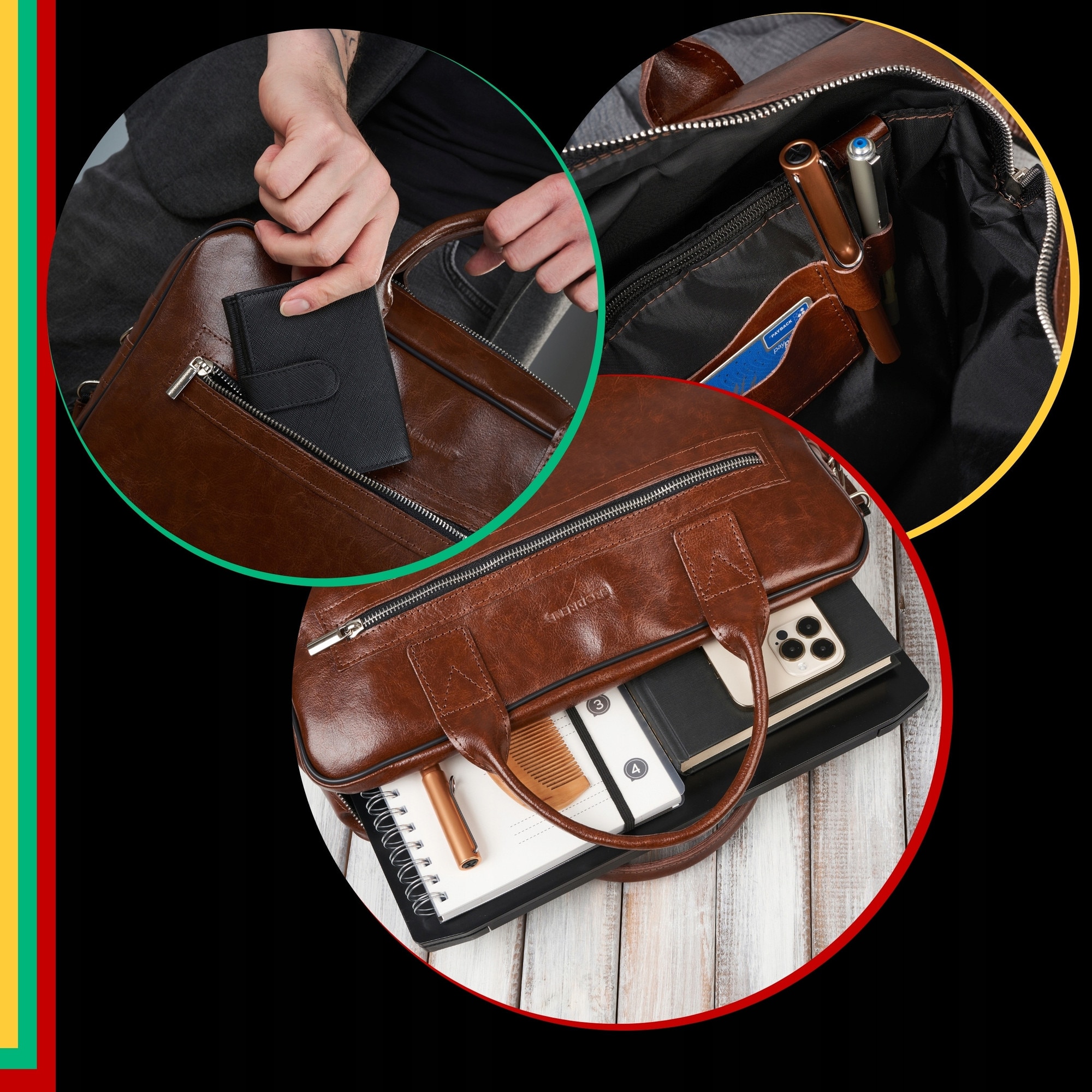 Geanta barbateasca din piele, Brodrene, r05, maro, pentru laptop de 15,6 inch, 3 buzunare, curea de umar reglabila, picioare metalice, finisaj elegant, material: piele naturala, dimensiuni: 29 cm inaltime, 40 cm latime, 9 cm adancime, culoare interior: