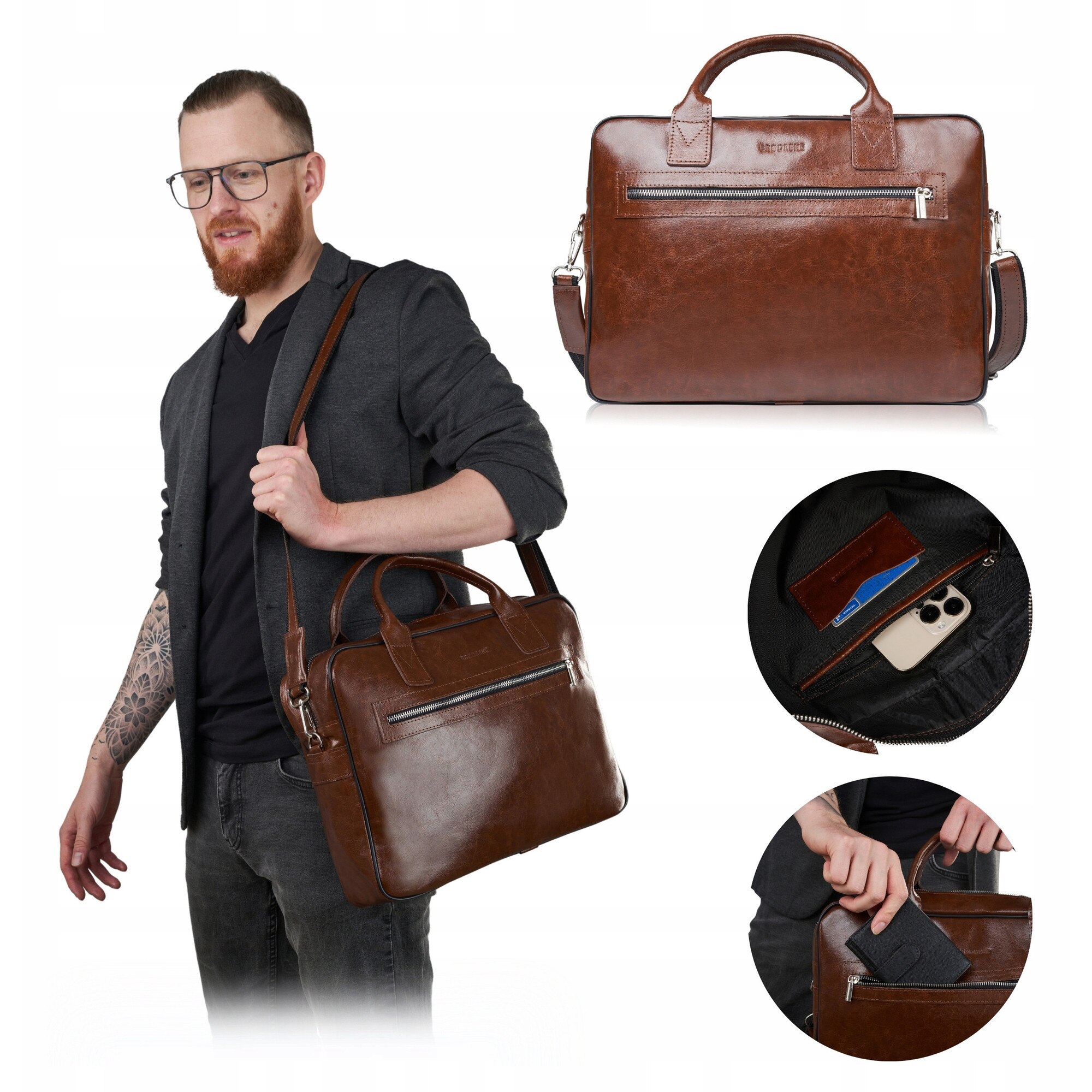 Geanta barbateasca din piele, Brodrene, r05, maro, pentru laptop de 15,6 inch, 3 buzunare, curea de umar reglabila, picioare metalice, finisaj elegant, material: piele naturala, dimensiuni: 29 cm inaltime, 40 cm latime, 9 cm adancime, culoare interior: