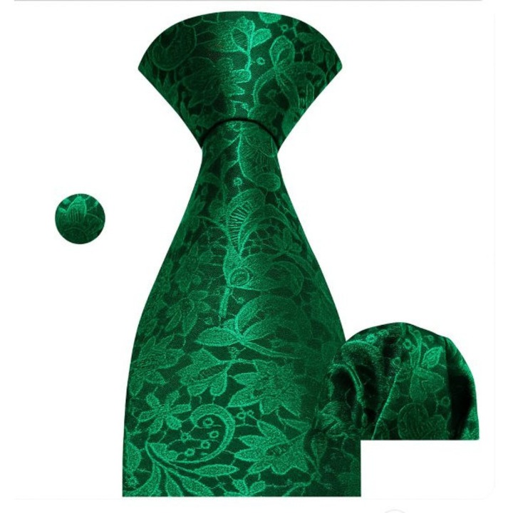 Set cravata matase + batista + butoni, verde, model floral, SCR104
