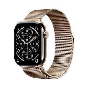 Smartwatch Apple Watch 11, GPS + Cellular, 42mm, Ecran Retina LTPO OLED, Chip S10 cu Procesor Dual-Core, 64GB Flash, Wi-Fi, Bluetooth, Carcasa Titan, Curea Milanese Loop Auriu