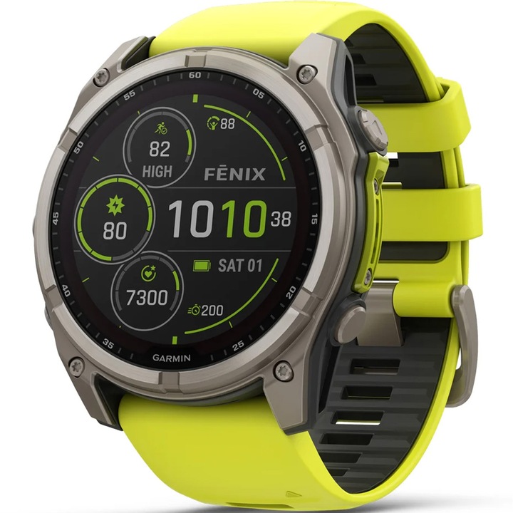 Смарт часовник Garmin Fenix 8 Solar Sapphire, 51 мм, GPS, Титан, Жълта/графитена силиконова каишка