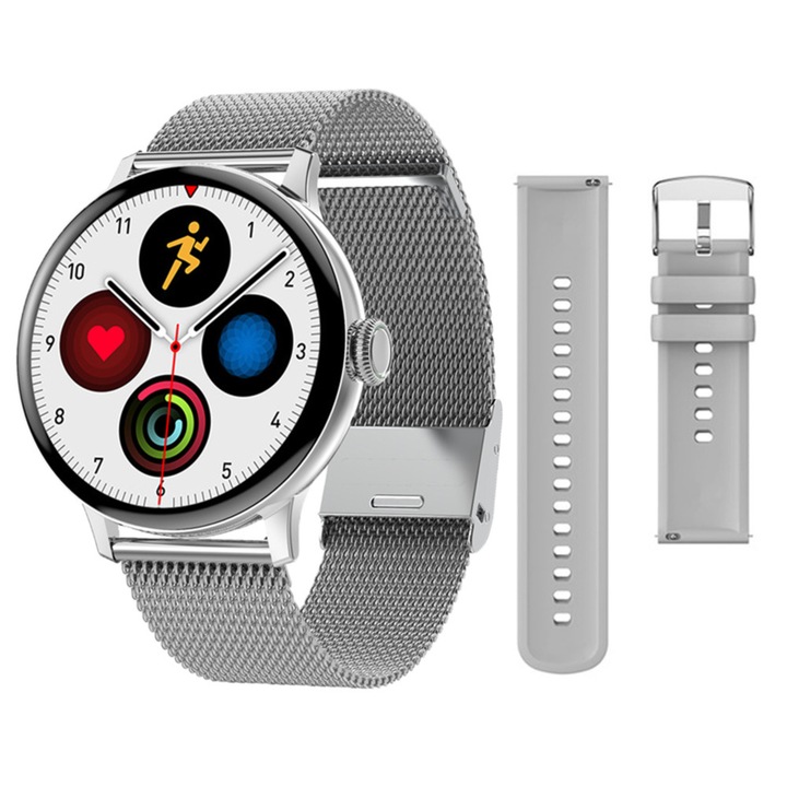 Ceas Smart VarioShop®, Incarcare Wireless, EKG, Apeluri si Notificari Bluetooth, Monitorizare Puls, Functii Multiple, Argintiu