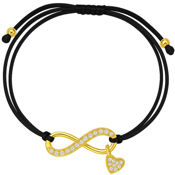 Bratara dama, argint 925, pe snur reglabil, pandantiv inima, simbol infinit, placata cu aur, bijuterie eleganta pentru femeie, sotie, iubita, negru
