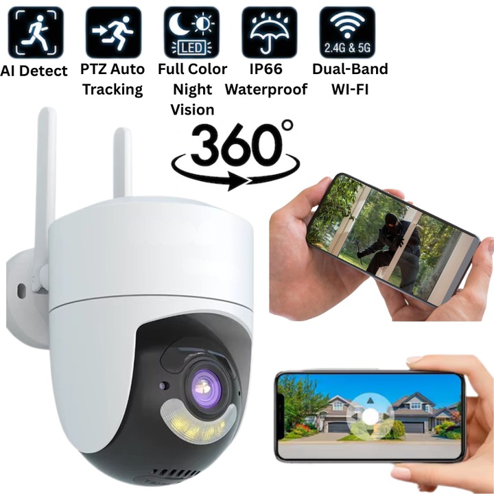 Camera de Supraveghere Smart, WI-FI INVICTWIN® - Utilizare Interior si Exterior, Control prin Aplicatie, Alerta la Miscare, Vedere pe Timp de Noapte, Microfon si Difuzor Integrate, Audio Bidirectional, Instalare Usoara, Securitate 24/7, Android si iOS
