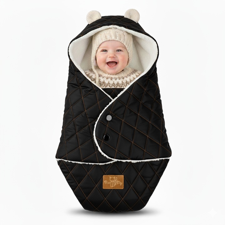 Sac de dormit de iarna pentru carucior, Husa picioare, universala, cu blanita detasabila - 6-18 luni - matlasat negru