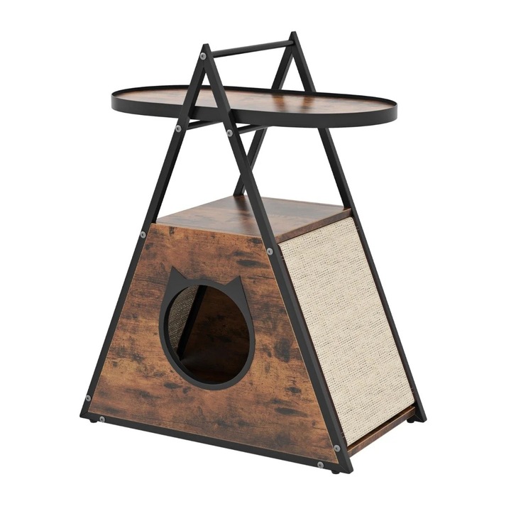 Dulap 3 în 1 pentru pisici, Northix, maro-negru, dimensiuni 60x33x76cm, covorașe de zgâriat din sisal