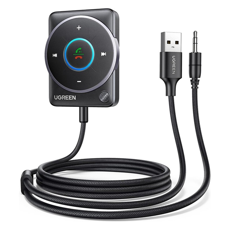 Adaptor Bluetooth Ugreen 5.4 Auto, USB si Jack 3.5mm, Conectare Duala, Lumina RGB - Negru