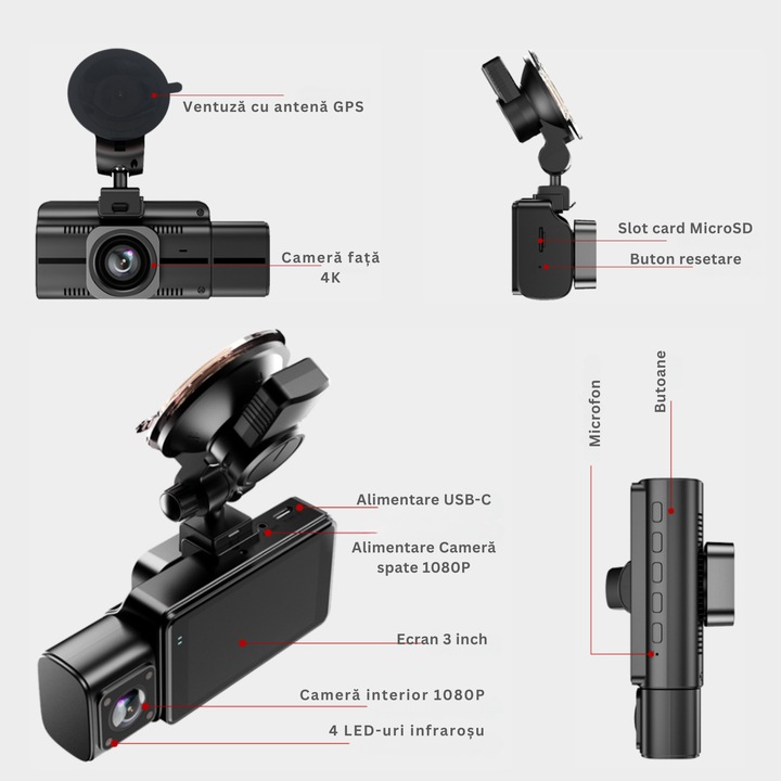 MOGODA 4K + 1080P + 1080P hármas autós fedélzeti kamera, Wi-Fi 5GHz, GPS, IR éjjellátó, 24/7 parkolásfelügyelet, G-szenzor, 3”-os IPS kijelző, szivargyújtó töltő és biztosítéktábla mellékelve, 256GB kártya támogatása, fekete