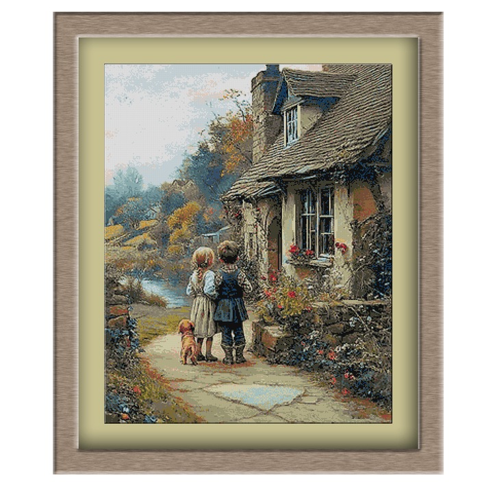 Set Goblen cu diagrama color si ate, Toamna spre casa, KRIF panza 10 ochiuri/cm 48 culori