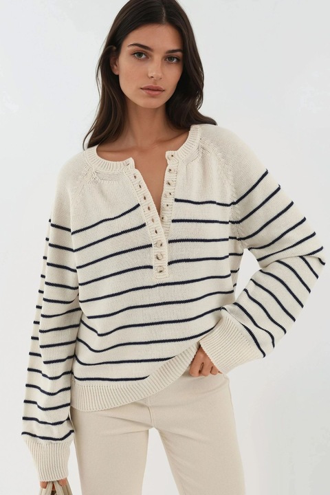 Pulovere dama, HiCCUP, pulover lejer cu dungi si nasturi, alb/negru