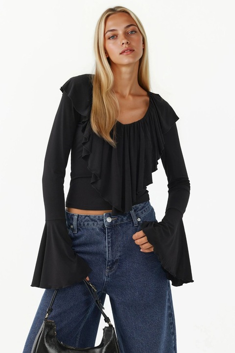 Bluza dama, HiCCUP, elastica, tricot, decolteu in V, cu volane, negru