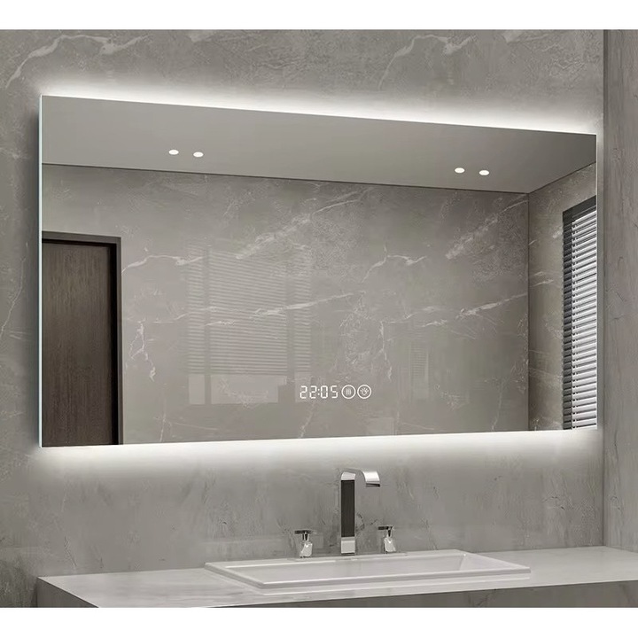 Oglinda baie LED,90cm x 60cm,3 tipuri lumina, ceas, temperatura, dezaburire, reglare intensitate lumina