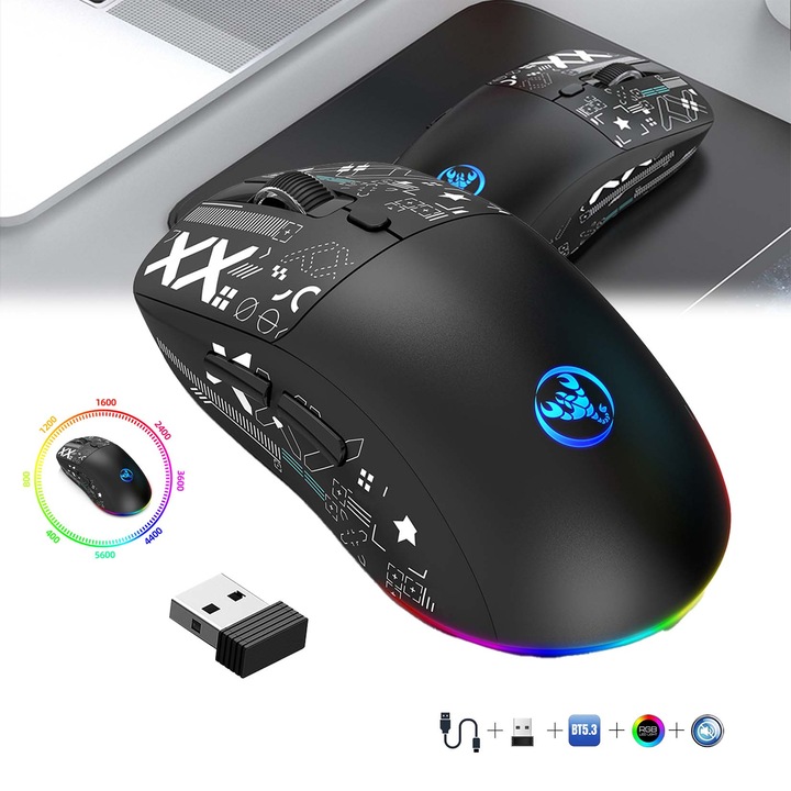 Egér JFYU vezeték nélküli, ultrakönnyű, 49g, 26K DPI, fekete, 6 programozható gomb, USB-C