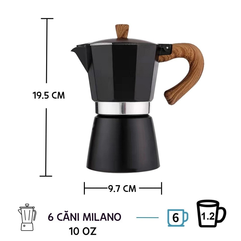 Cafetiera Moka AVAKKER®, 6 Cesti (300 ml), Espressor Manual pentru Aragaz, Aluminiu