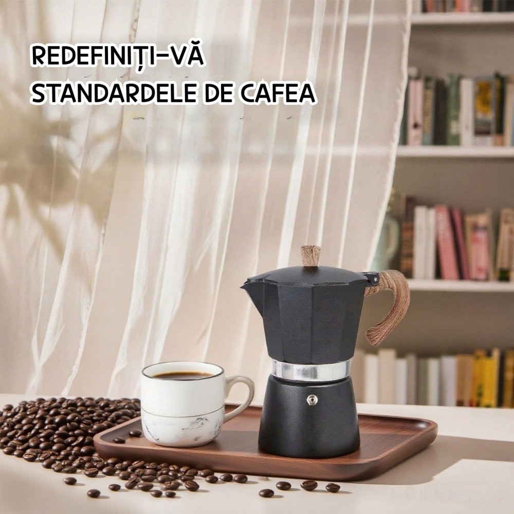 Cafetiera Moka AVAKKER®, 6 Cesti (300 ml), Espressor Manual pentru Aragaz, Aluminiu