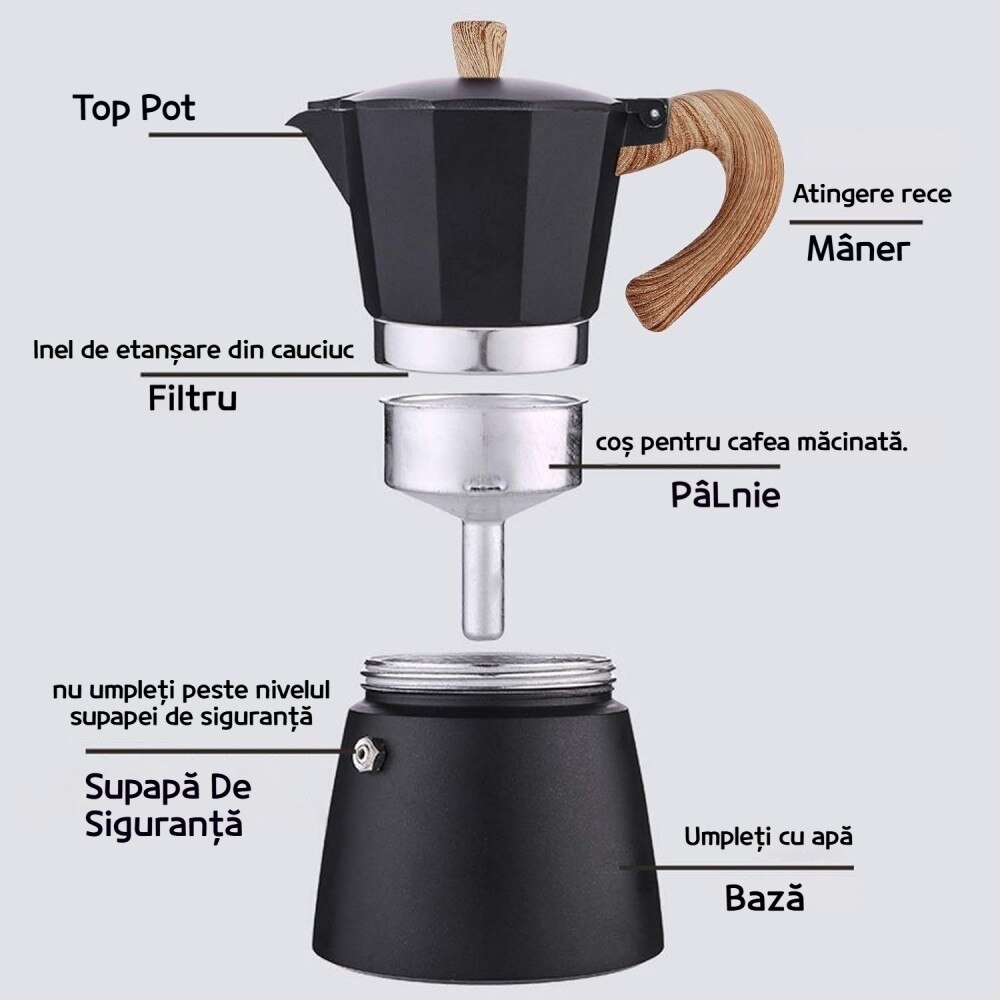 Cafetiera Moka AVAKKER®, 6 Cesti (300 ml), Espressor Manual pentru Aragaz, Aluminiu